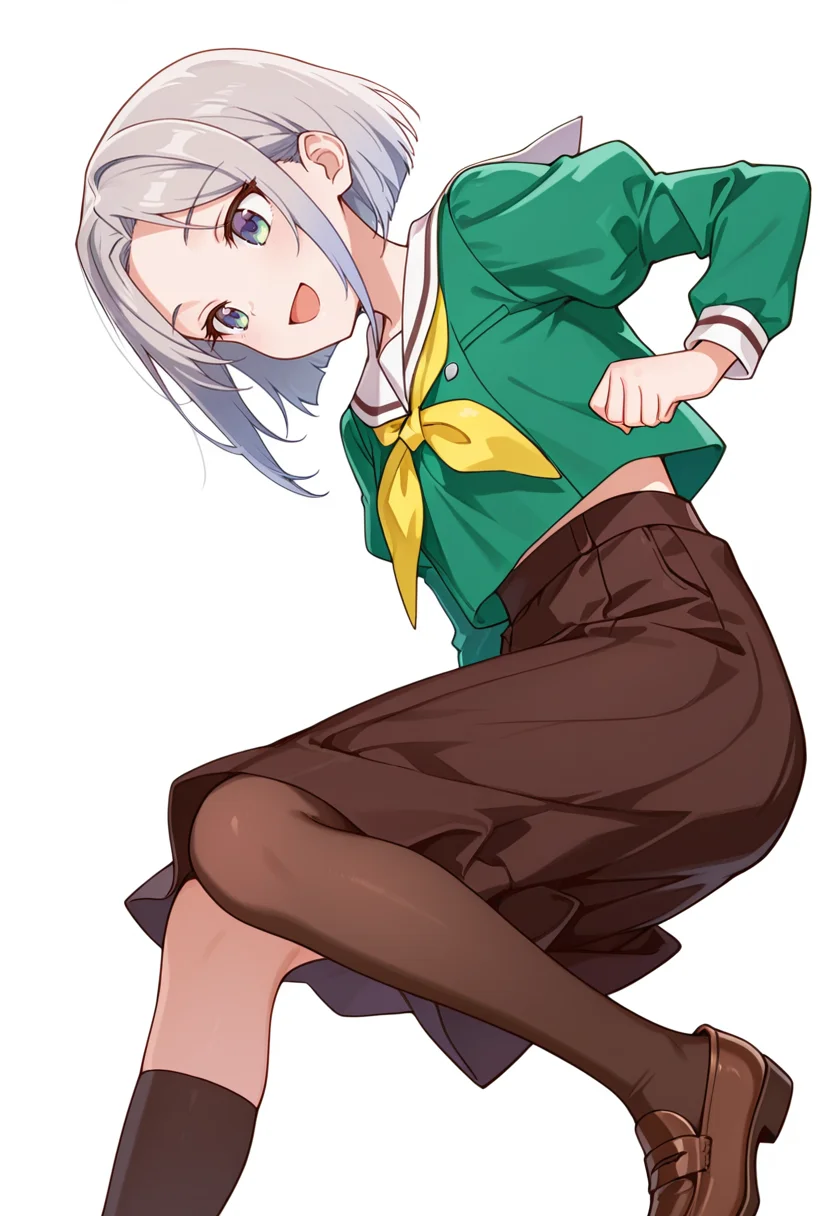 masterpiece,high quality details,absurdres,
<lora:Nishidera_Nene:0.8>
nene_cnr, 1girl, grey hair, short hair,
nene_s2,green shirt, white sailor collar, serafuku,long skirt,black-brown skirt, juliet sleeves,pantyhose, loafers,, simple background, white background, sideways,solo,, :d,, haori ,cropped hoodie ,skinny jeans, ,kneehighs,