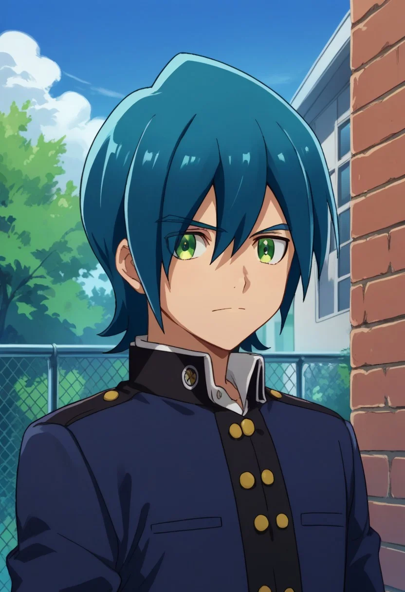 score_9, score_8_up, score_7_up, source_anime, highly detailed,
hayato,
solo, 1boy, male focus, upper body, green eyes, blue hair, standing, school uniform, gakuran,
outdoor, sky,
