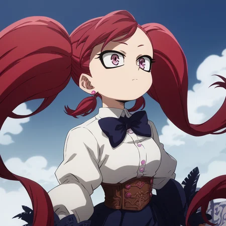 <lora:SlimesLaBrava:1>, score_9, score_8_up, score_7_up, slimes_labrava, 1girl, portrait, twintails, red hair, waist up shot, studio background