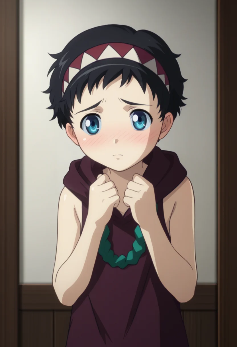 score_9, score_8_up, score_7_up, , <lora:add-detail-xl:3>,
BREAK
<lora:rana_qb:0.8>, rana, blue eyes, black hair, short hair, hairband, hooded dress, sleeveless, ((dark)), ,
BREAK
solo, standing, shy, blush,,