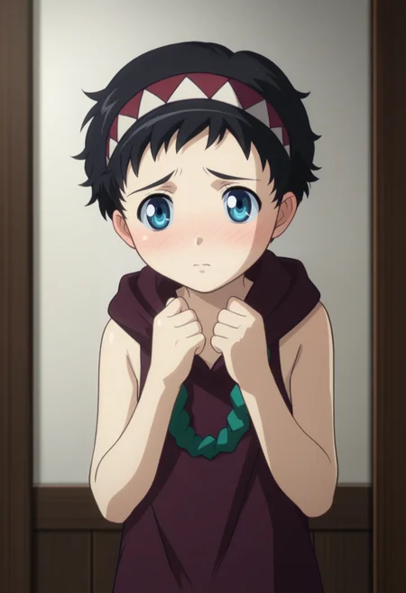 score_9, score_8_up, score_7_up, , <lora:add-detail-xl:3>,
BREAK
<lora:rana_qb:0.8>, rana, blue eyes, black hair, short hair, hairband, hooded dress, sleeveless, ((dark)), ,
BREAK
solo, standing, shy, blush,,
