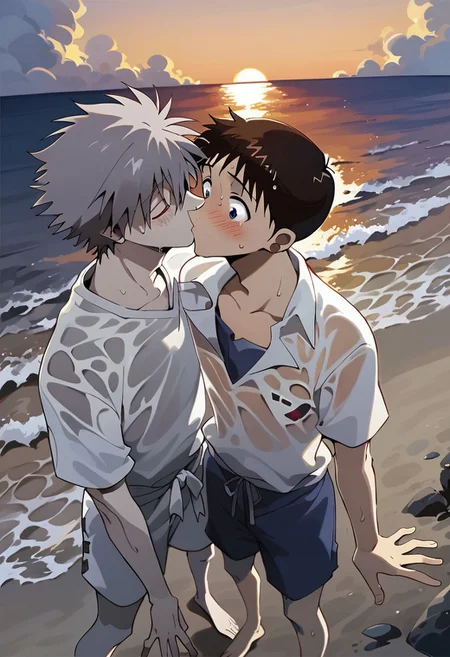 score_9, score_8_up, score_7_up, rating_questionable, BREAK,
2boys, daisyuki, kiss, kissing, standing, evangelion, shinji ikari, short hair, brown hair, blue eyes, kaworu nagisa, white hair, red eyes, wet shirt, wet clothes, nipple, shocked, eyes closed, blush, full body,
beach, sunset, orange glow, dark theme, low light,