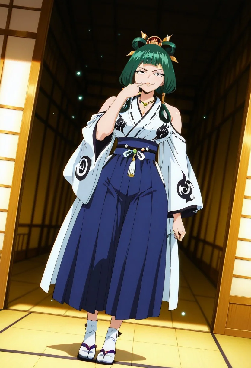 YokoFT, 1girl, solo, green hair, medium hair, hair ornament, blunt bangs, black eyes, :3, necklace with tomoe, japanese clothes, white yukata, blue hakama, wide sleeves, large breast, white socks, sandals,
,seductive pose, sexy pose, tease,
masterpiece, best quality, fine details, intricate details, depth of field, subsurface scattering, bokeh,
ultra-detailed, very aesthetic, detailed background, newest, scenery, highres, absurdres, colorful, vibrant, glowing, perfect face, 2d, perfect eyes, vibrant saturated colors, volumetric lighting, sharp, detailed eyes, perfect anatomy, perfect face, perfect eyes, mature body, clear eyes, beautiful eyes, athletic, curvy body, athletic girl, perky tits, perfect tits, round breasts, pinup pose, teasing, lustful expression, perfect hands,
muscular female, dutch angle,
finger in mouth,
,Smooth Negative, Smooth_Quality,
90s_anime_aesthetic, 1990s (style), retro, retro artstyle