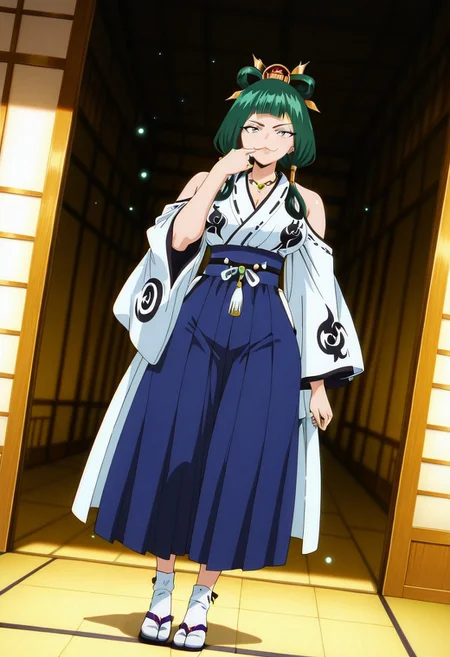 YokoFT, 1girl, solo, green hair, medium hair, hair ornament, blunt bangs, black eyes, :3, necklace with  tomoe, japanese clothes, white yukata, blue hakama,  wide sleeves,  large breast, white socks, sandals,
,seductive pose, sexy pose, tease, 
masterpiece, best quality, fine details, intricate details, depth of field, subsurface scattering, bokeh,
 ultra-detailed, very aesthetic, detailed background, newest, scenery, highres, absurdres, colorful, vibrant, glowing, perfect face, 2d, perfect eyes,  vibrant saturated colors, volumetric lighting, sharp, detailed eyes, perfect anatomy,  perfect face, perfect eyes, mature body, clear eyes, beautiful eyes, athletic, curvy body, athletic girl, perky tits, perfect tits, round breasts, pinup pose, teasing, lustful expression, perfect hands, 
muscular female, dutch angle, 
finger in mouth,
,Smooth Negative, Smooth_Quality,
90s_anime_aesthetic, 1990s (style), retro, retro artstyle