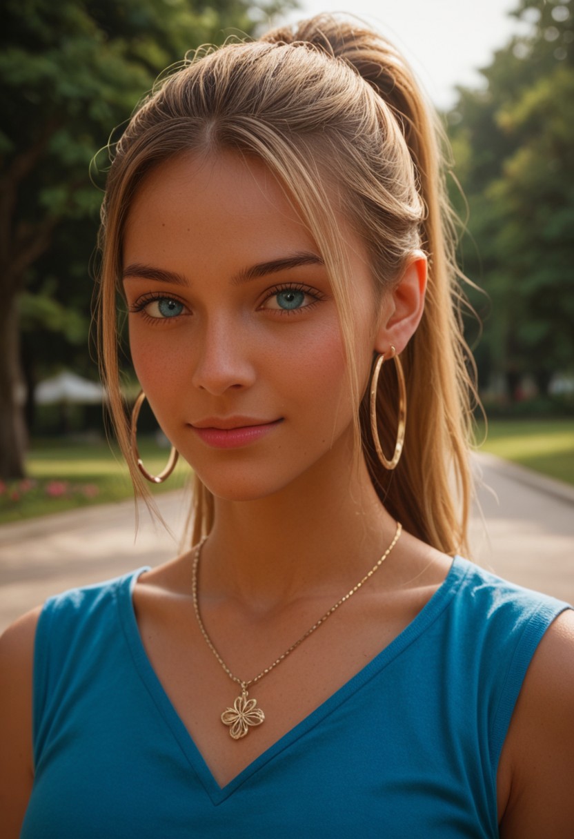score_9_up, score_8_up, score_7_up, score_6_up, 1girl, 25 years old, perfect face, (adult), sexy,
(three quarter view), detailed face, portrait, face focus, depth of field, looking at viewer, blush, shy smile, close up, 
blonde hair, ponytail, ponytail with braided base, 
(dark skin:1.3), hoop earrings, 
blue eyes, 
pink lips,
blue shirt, necklace, 
park, trees, flower