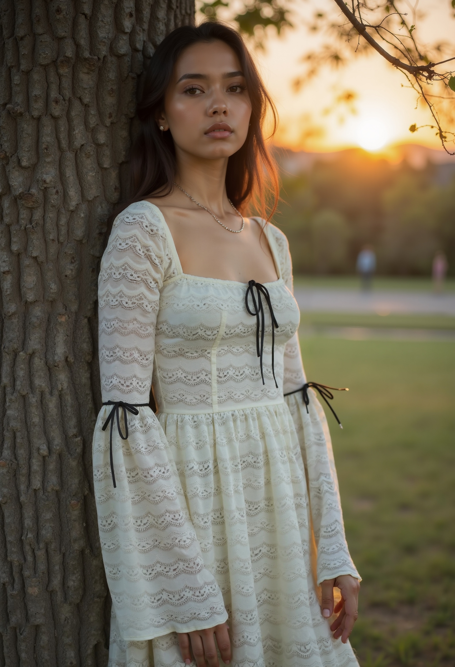 full body shot, beautiful young woman, black hair, clo027, wearing a cream lace dress with detailed scalloped patterns,  black ribbon details, paired pantyhouse with black lace-up boots, leaning on a tree in a park, beautiful sunset,
