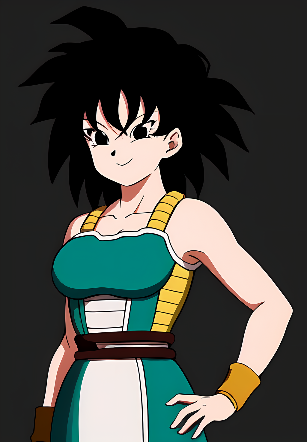 (Photo:1.3), highdetail, <lora:Gine:0.8>, Gine, 1girl, solo, looking at viewer, smile, simple background, bare shoulders, closed mouth, collarbone, upper body, armor, hand on hip, bare arms, black background, wristband, arm at side, outline, saiyan armor, (acclaimed, alluring, captivating, exciting, gorgeous, striking:1.3), (trending on artstation:1.3)