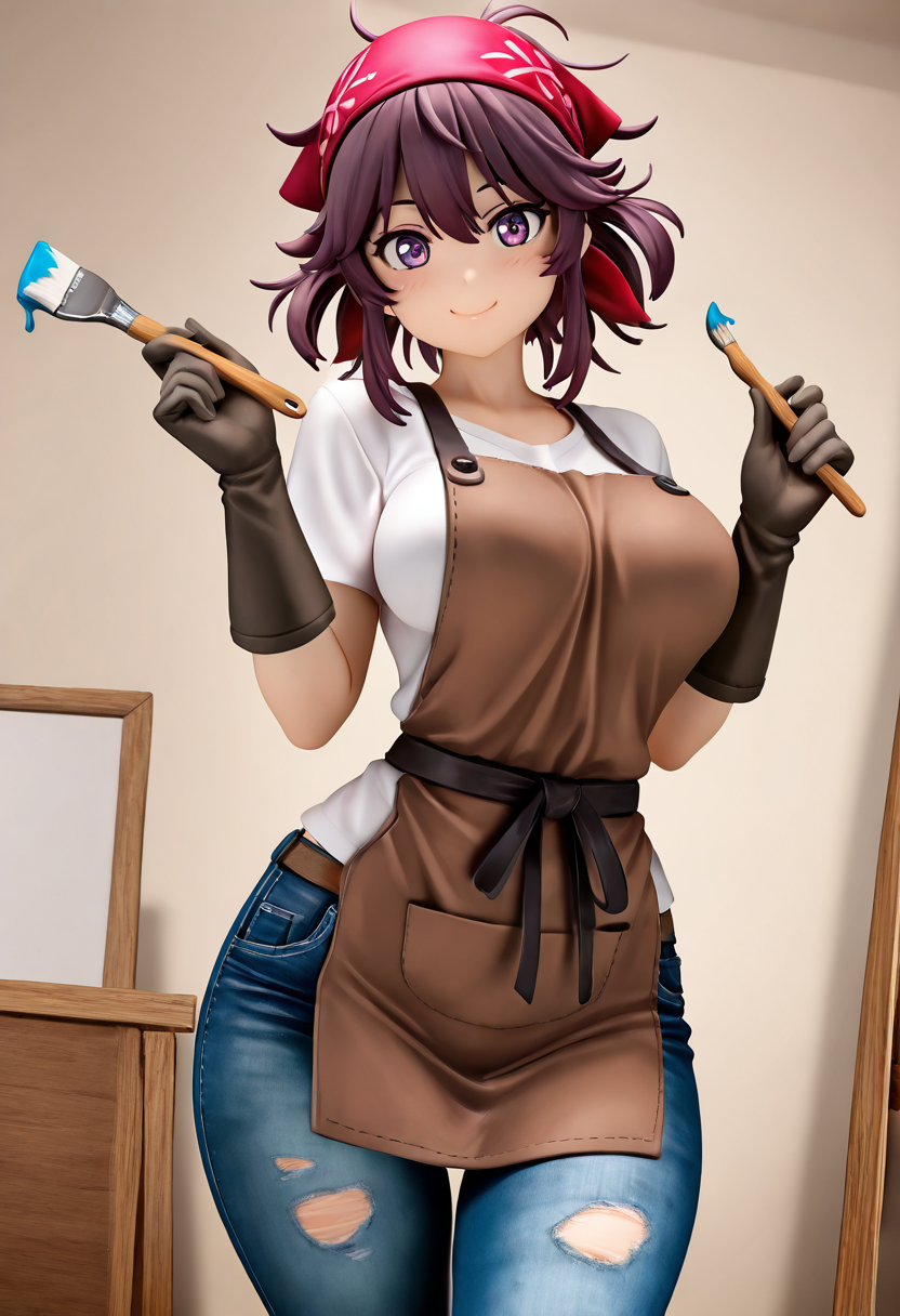 masterpiece, best quality, solo, curvy, beautiful eyes, narrow waist, wide hips, 1girl, solo, smile, looking at viewer, dynamic angle, foreshortening, close up,     f1gur3,  ,<lora:AnimeFigure_IXL:1.2>,  [Artist], paint-splattered denim apron over a loose white shirt, smudged charcoal gloves, canvas belt with paintbrushes, messy hair tucked under a bandana, paint-splattered jeans, art studio with easels, vibrant splashes of color on the walls, thoughtfully staring at a half-finished masterpiece,