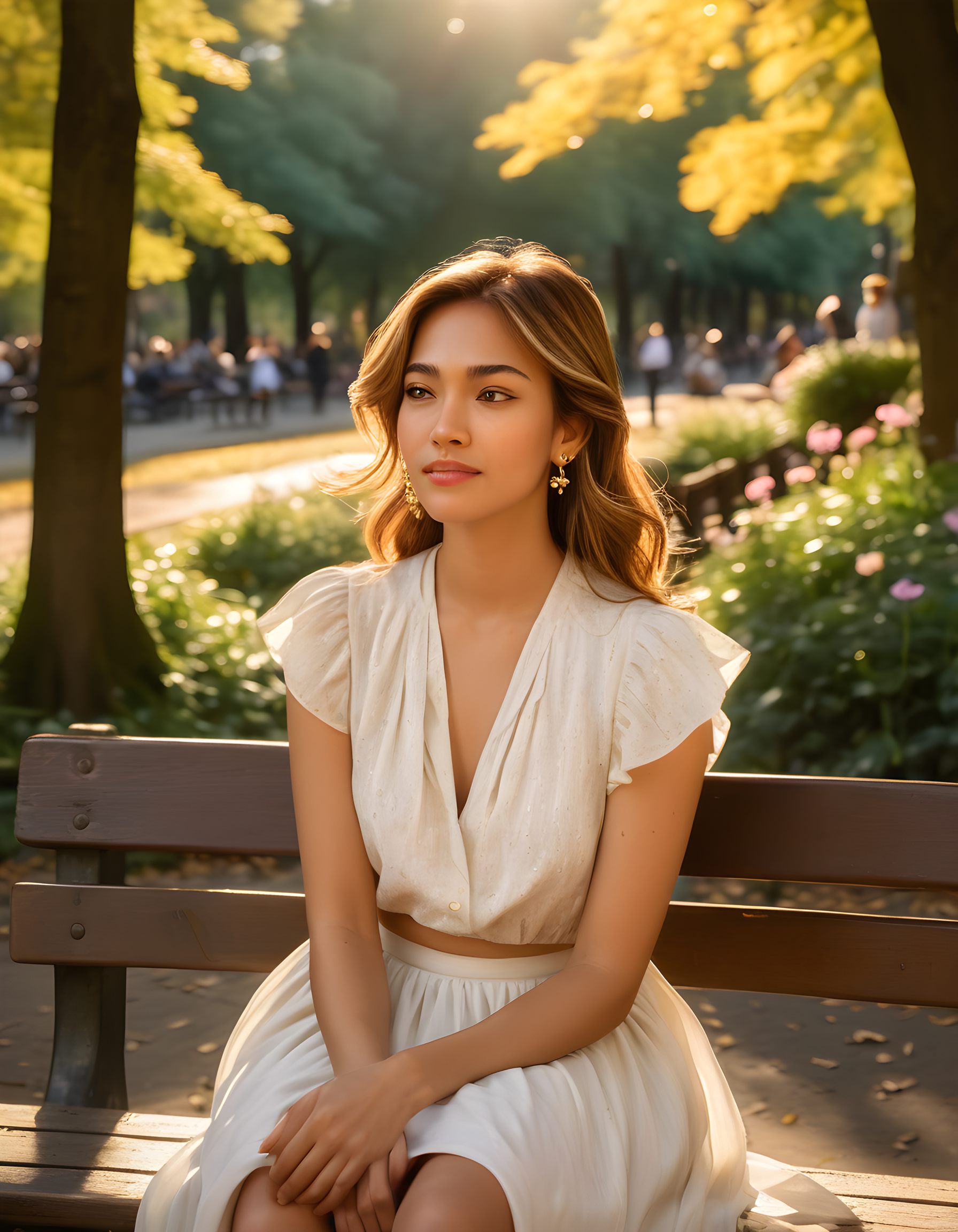 In a bustling city park bathed in the warm, golden glow of late afternoon sun, a captivating woman with a cascade of brown hair adorned by delicate earrings and a splash of blonde highlights, K1MCW, sits on a weathered wooden bench. Her mood is thoughtful yet engaging as she gazes directly at the viewer, her full lips subtly parted in a soft smile. The vibrant backdrop features an array of blooming flowers and towering trees, casting dappled shadows that dance upon her pristine white blouse and flowing skirt. A single ray of sunlight illuminates her face, highlighting her expressive brown eyes that seem to hold a world of stories within them. The camera is positioned at an angle slightly above the bench, capturing her from the waist up, with the lush greenery of the park serving as a beautiful and serene backdrop to this enchanting portrait.