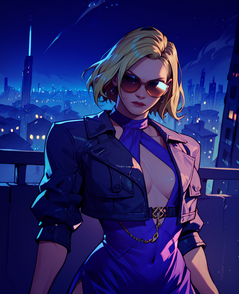 score_9,score_8_up,score_7_up,score_6_up,
ninawxl,blonde hair,sunglasses,medium hair,earrings,
purple dress,cropped jacket,
standing,
night,cityscape,<lora:NinaWT8pXL-11:0.9>,