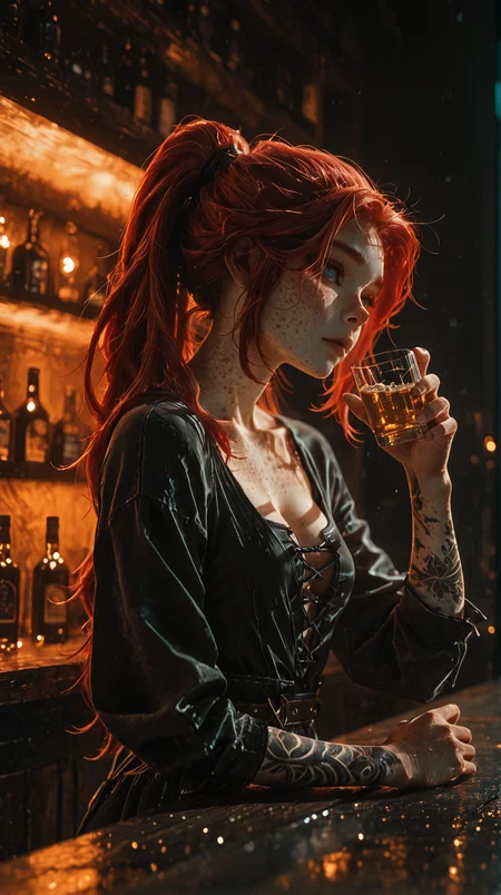 masterpiece, best quality, ultra-HD, photorealistic, cinematic lighting, volumetric lighting, highres, absurdres, warm summer atmosphere, golden moonlight, soft shadows, masterpiece, best quality, Good quality, very aesthetic, absurdres,
1girl, (freckles, red hair, blue eyes, nostra666, maelle, clair obscur expedition 33, redhead, body freckles, pale skin, high ponytail, sidelocks, petite, slim, athletic, medium breasts, long hair, ponytail:1.2), wears open black dress, presumed dress, breasts visible, cleavage visible, tattoo on wrist, leaning at bar counter, sipping a cocktail, blushing, from the side BREAK modern nightclub bar, dark wooden counter, dim amber light, bottles glowing,
hot atmosphere,dramatic,(seductive expression)
(cinematic composition:1.3), (sharp focus:1.2), (depth of field:1.2), (skin sheen:1.1), (rim light:1.2),(detailed face and eyes),
<lora:DetailedEyes_V3:1> <lora:USNR STYLE_XL_loha:0.45> <lora:aidmaMJ6.1_v0.5_IL:0.9> <lora:GENESIS_MK0.4:0.5> <lora:Maelle_Clair_Obscur_Expedition_33:1>