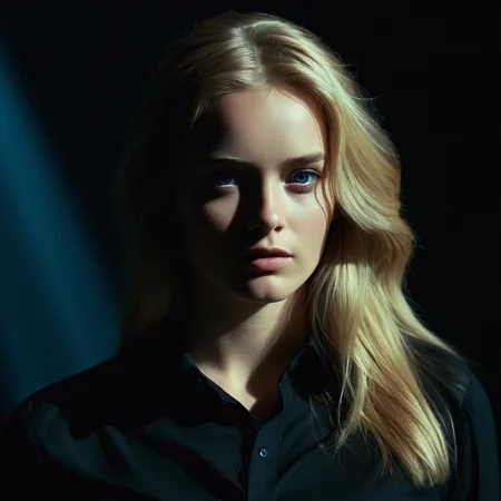 cinematic film still of  <lora:Rembrandt Lighting Style:1>
dramatic, cinematic, shadow, partially covered in shadow, a woman in a black shirt posing for a picture Rembrandt Lighting Style, 1girl, solo, long hair, looking at viewer, blue eyes, blonde hair, simple background, shirt, long sleeves, upper body, mole, arm up, lips, black shirt, realistic, shallow depth of field, vignette, highly detailed, high budget, bokeh, cinemascope, moody, epic, gorgeous, film grain, grainy