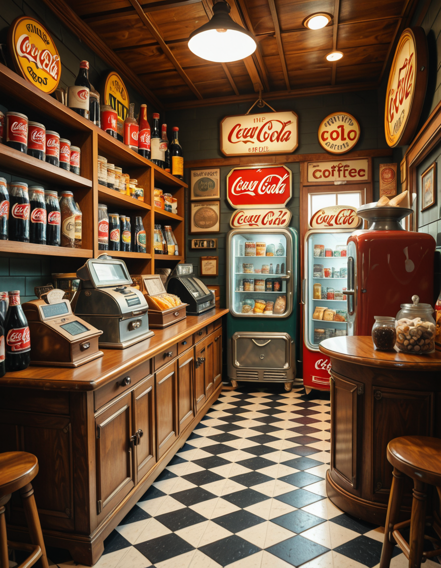 A vintage 1950s grocery store filled with nostalgic details. Wooden shelves neatly stocked with classic canned goods, glass soda bottles, and colorful retro packaging. An old-fashioned cash register sits on the wooden counter, next to a small scale for weighing produce. The checkered black-and-white tile floor adds to the mid-century charm, while hand-painted signs on the walls advertise milk, bread, and coffee in bold, retro fonts. A display of penny candy in glass jars sits near the entrance, and a vintage Coca-Cola refrigerator hums in the background. Soft, warm lighting casts a nostalgic glow over the scene, enhancing the rich textures of wood, glass, and metal, capturing the essence of a bygone era.
<lora:SDXLFaeTastic2400:0.4> <lora:extremely_detailed:0.4> extremely detailed
,1950s grocery st0r3, <lora:1950s_grocery_st0r3-i:1>, Masterpiece,best quality,hi res,8k,hi res,8k,award winning,(sharp focus, intricate, highly detailed),