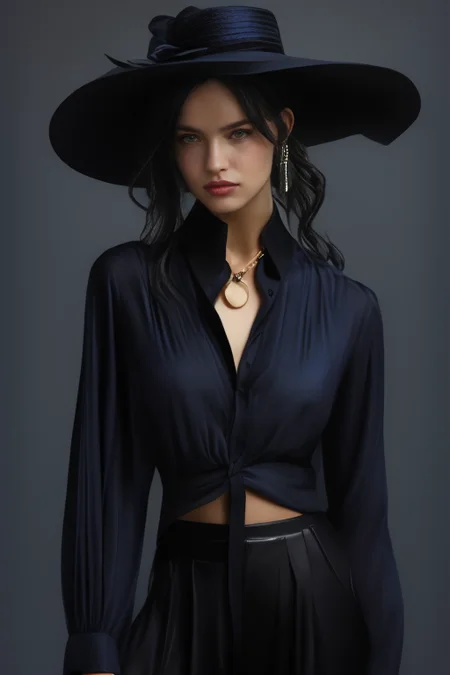 masterpiece,best quality,ultra_detailed,<lora:ArmaniSD:0.7><lora:BellissimaSD1.0:0.7> bellissima , dark background, 1girl wearing a black collared shirt, blue pants, chain necklace, Armani style, realistic, fashion, cowboy shot, ,by Ellen von Unwerth