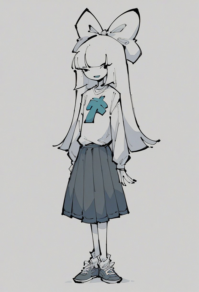 score_9, score_8_up, score_7_up, :3, best quality, OverallDetail, shiny skin, colored, line art, flat color, BREAK, PA, white hair, blunt bangs, straight hair, long hair, hair bow, colored skin, white skin, shirt, skirt, horse symbol, full body,