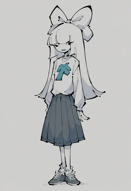 score_9, score_8_up, score_7_up, :3, best quality, OverallDetail, shiny skin, colored, line art, flat color, BREAK, PA, white hair, blunt bangs, straight hair, long hair, hair bow, colored skin, white skin, shirt, skirt, horse symbol, full body,