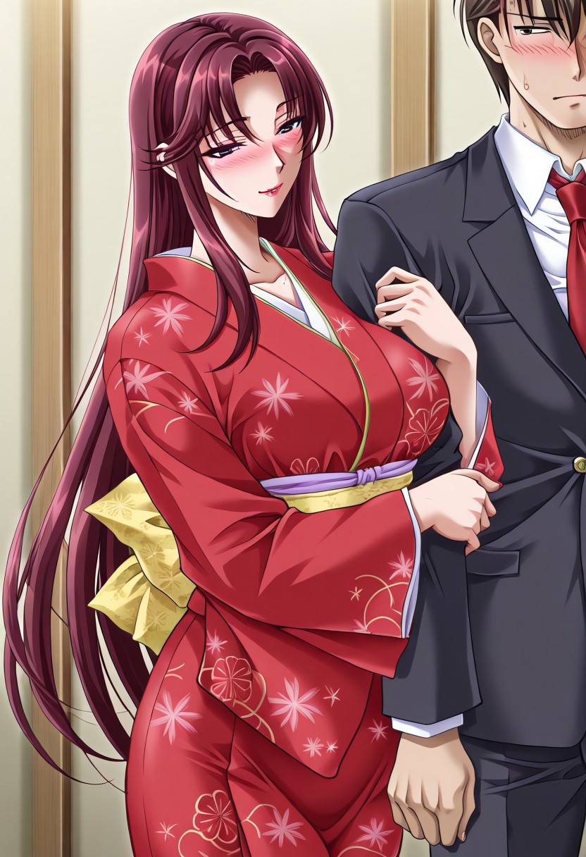 masterpiece, best quality, newest, highres, uncensored, 1girl,Koga Akane,very long hair,huge breat,Claret hair,Violet eyes,
1girl, 1boy,  blush, japanese clothes， smile, lipstick, necktie, makeup, hetero, kimono, sweatdrop, mature female, hug, arm hug, red necktie