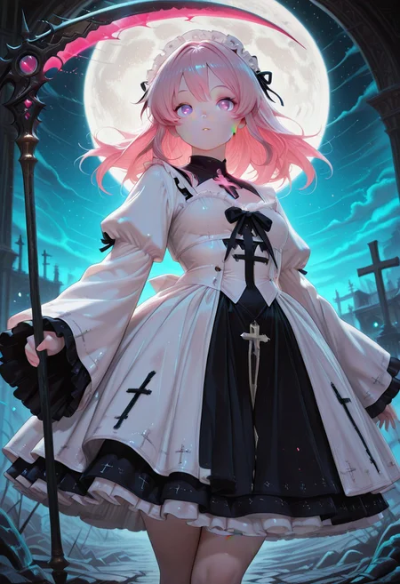 1girl, glowing scythe, full moon, mist, ethereal, dark fantasy, dramatic lighting, night sky, mysterious atmosphere, fantasy setting masterpiece, best quality, amazing quality, very aesthetic, absurdres, detailed eyes, newest, <lora:CivChan:1>, CivChan, purple eyes, pink hair,dress, cross, frills, long sleeves, wide sleeves, <lora:PinkieNeonAnimeIL:0.5>, neon illustration in the style of pinkneonanime,