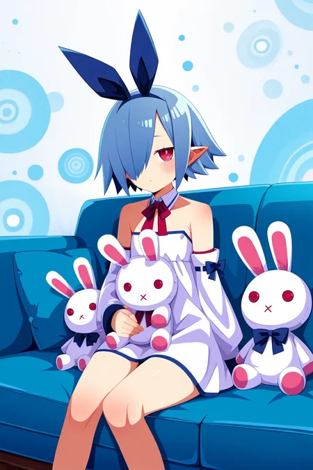 Pleinair, 1girl, solo, looking at viewer, blush, short hair, red eyes, dress, ribbon, bare shoulders, blue hair, hair ribbon, detached sleeves, pointy ears, hair over one eye, sitting on couch, surrounded by stuffed animals, stuffed rabbits, bunny theme, emotionless, blue theme,    ,<lora:HaradaTakehitoIXL_v3:1.0>,  abstract background,
