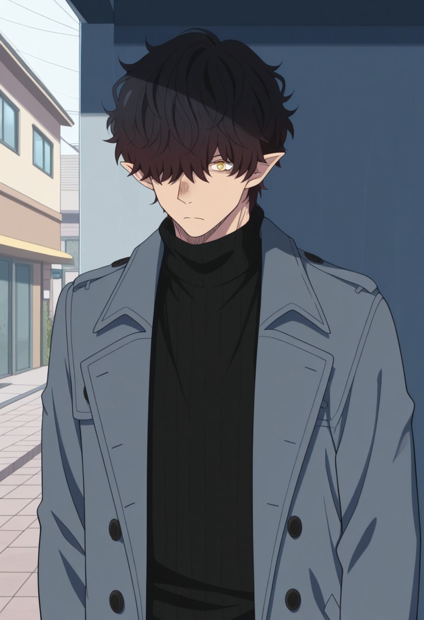 masterpiece,best quality,amazing quality, source_anime, 
Warumonosan, 1boy, male focus, solo, pointy ears, hair over one eye, yellow eyes, brown hair, sweater, black sweater, turtleneck, coat, grey coat, open coat,
outdoor,