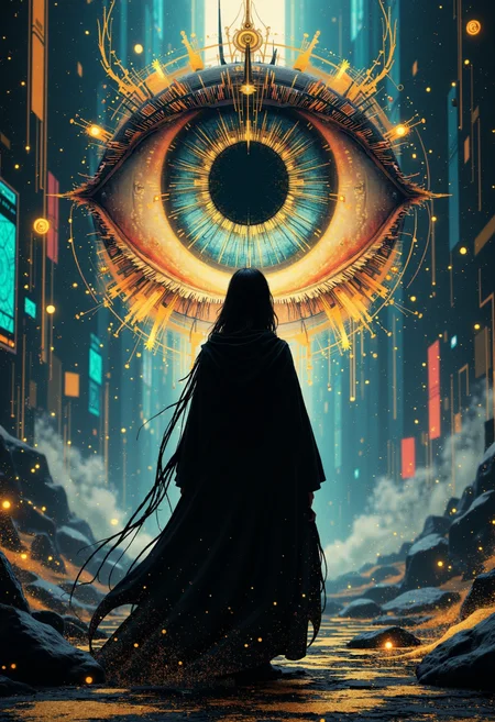 bo-golden, a surreal and fantastical scene shot from a low-angle perspective, in the center of the image, a young woman stands with her back to the viewer, looking directly at the viewer with a contemplative expression, her long black hair cascades down her back, and she wears a black cloak that covers her body, she is positioned in front of a large, colorful eye that is the focal point of the composition, the eye is surrounded by a vibrant, glowing cityscape with glowing elements and intricate designs, the cityscape is filled with colorful lights and futuristic elements, creating a sense of depth and energy, the woman's gaze is directed towards the eye, drawing the viewer's attention to the central figure, the overall effect is a captivating and mystical scene that invites the viewer to step into this surreal world<lora:boFLUX Golden Noir Abyss.safetensors:1.0:1.0>