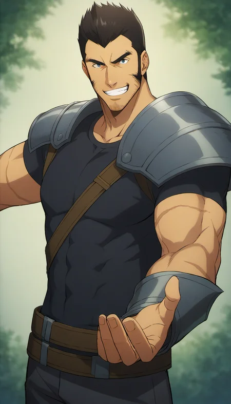 1boy, hwangDongsuk_sololeveling,  long sideburns, armor, Stubble, forest environment, tight black t-shirt, middle-age man, score_7_up, score_6_up, score_8_up, score_9_up, face_focus, muscular, evil_grin, smile, centered, looking at viewer, 8k uhd, high quality, attack pose,
