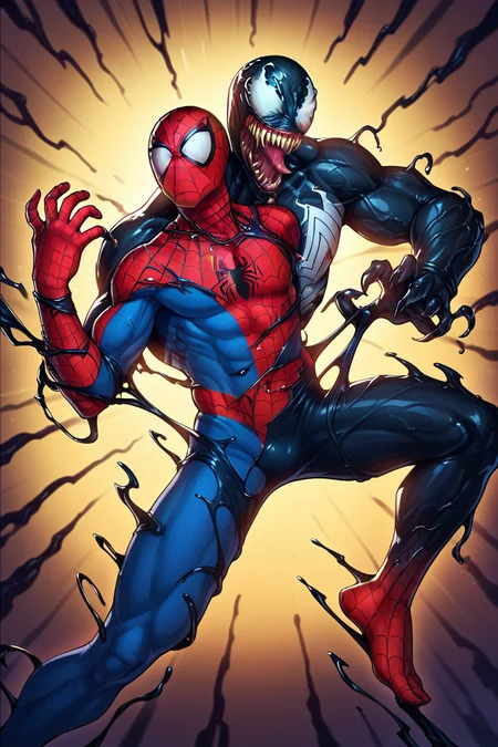 embedding:Pony\Positive\PonyXLV6_Scores, 1boy, venom_assimilation, transformation, dehumanization, appendage, razor-sharp teeth, black slime (substance),spider-man, bounded, restrained