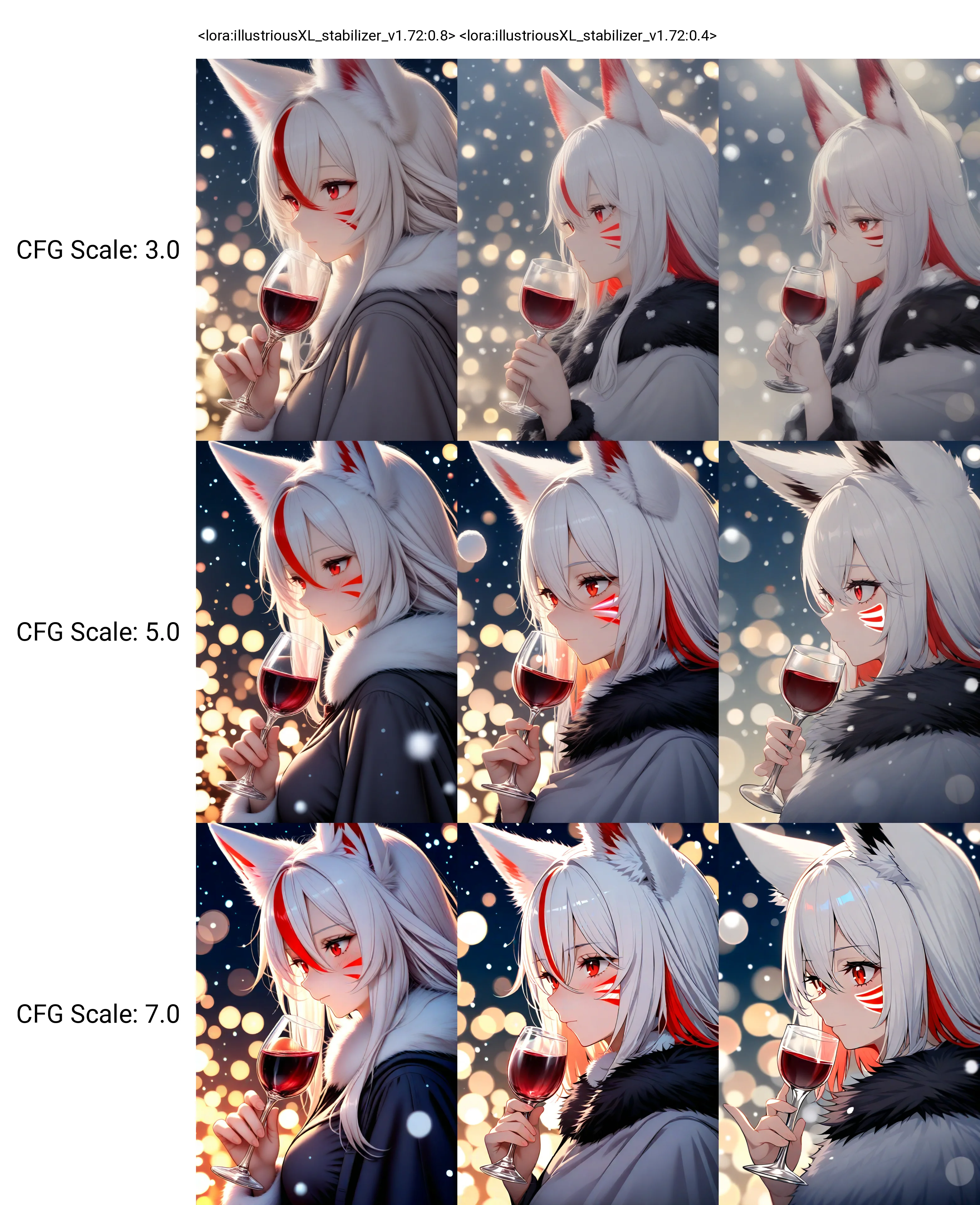 <lora:illustriousXL_stabilizer_v1.72:0.8>1girl,fox ears,red eyes,white hair,red hair,long hair,hair between eyes,closed mouth,multicolored hair,red whisker markings,fur trim,upper body,from side,holding wine glass,snowing,bokeh,masterpiece,best quality,
