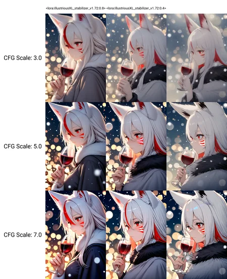 <lora:illustriousXL_stabilizer_v1.72:0.8>1girl,fox ears,red eyes,white hair,red hair,long hair,hair between eyes,closed mouth,multicolored hair,red whisker markings,fur trim,upper body,from side,holding wine glass,snowing,bokeh,masterpiece,best quality,