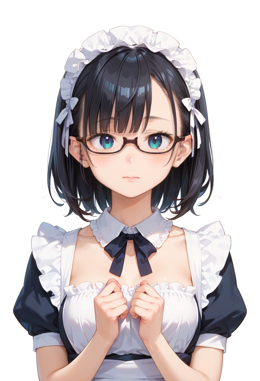 score_9, score_8_up, score_7_up, rating_safe, masterpiece, best quality, absurdres, unity 8k wallpaper, official art, official style, source_anime, uncensored, game cg, megami magazine,
1girl, solo, black hair, medium hair, upper body, covered eyes,maid, maid headdress, black dress, maid apron, face focus,
underrim_cell, glasses, still life, white background, simple background, under-rim eyewear, brown-framed eyewear, 
 <lora:glasses_underRimCell_PONY_V1:1>