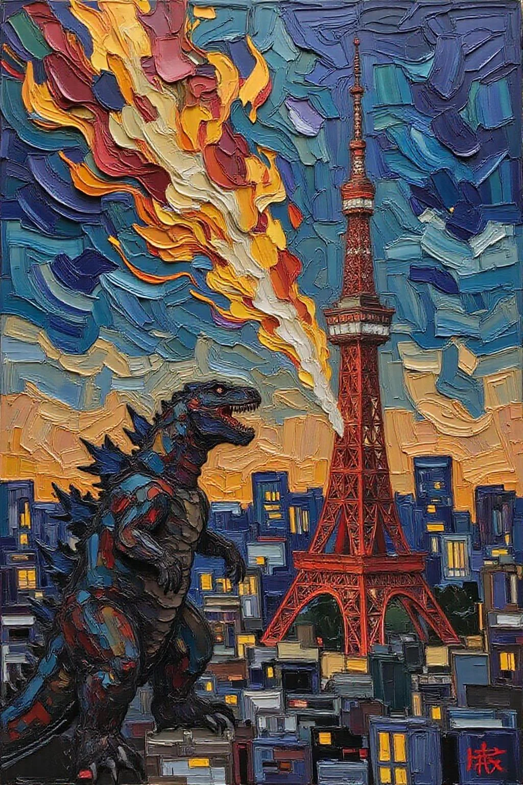 impasto oil painting. Godzilla breathing fire on Tokyo Tower   <lora:Flux-Sch-SingleBlocks-BF16:1.0> <lora:impasto6_cap_d6a3e11:1.0><lora:804333321967385766:0>
