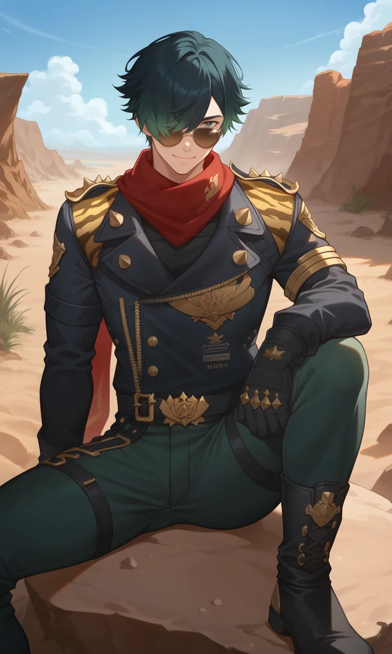 score_9, score_8_up, score_7_up, masterpiece, best quality, lots of details, (close-up), ((1boy)), looking at viewer, male focus, solo, Lighter, dark-green eyes, black hair, dark-blue hair, dark-green hair, gradient hair, hair over one eye, black jacket, red scarf, black gloves, green pants, sitting on rock, aviator sunglasses, epaulettes, closed mouth, light smile, shaded, detailed shading, detailed skin, shaded skin, realistic shading, Expressiveh, countershading:1.1, desert, sand, canyon, outdoors, <lora:add-detail-xl:0.7>, <lora:Smooth Anime 2 Style SDXL_LoRA_Pony Diffusion V6 XL:0.8>, <lora:Expressive_H:0.8>, <lora:Lighter_XL_V10_OPT:0.9>