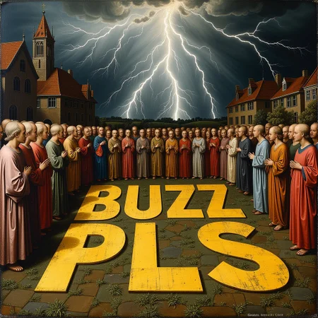 style of Jan Van Eyck, a crowd of medieval peasants gathered around a thunderstrike, emblazoned on the ground in bold, yellow letters saying "BUZZ PLS"