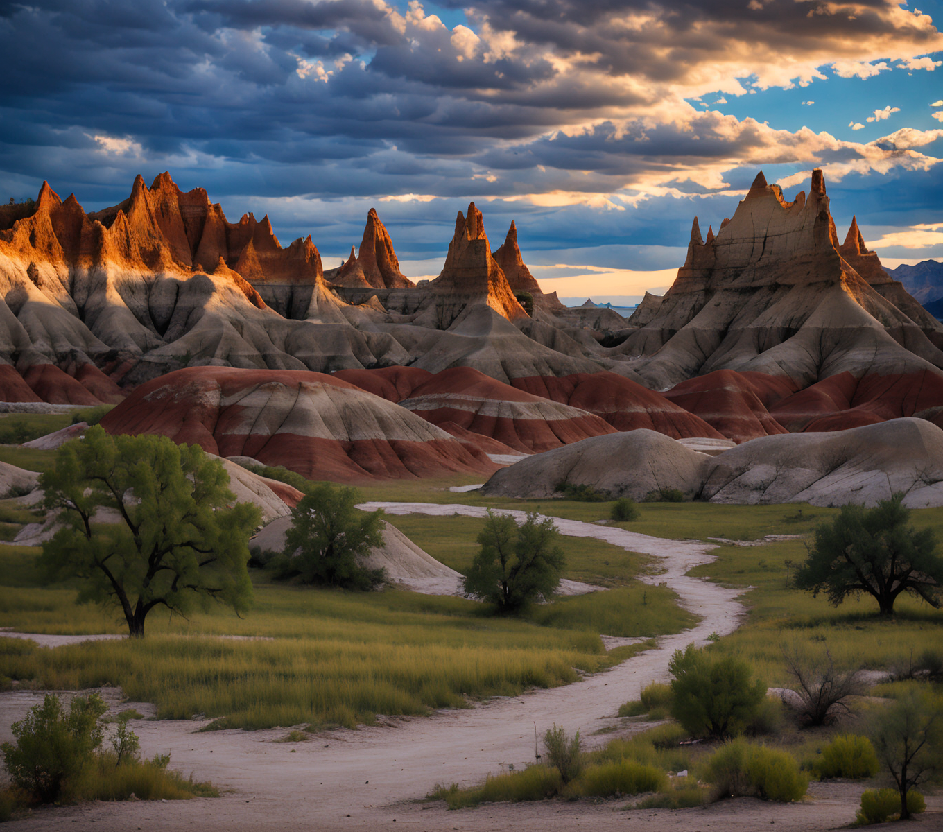 RAW photo, (masterpiece:1.3), subsurface scattering, heavy shadow, (high quality:1.4), (intricate, high detail:1.2), professional photography, HDR, High Dynamic Range, realistic, ultra realistic, photorealistic, high resolution, film photography, ambient lighting, atmospheric effects, <lora:detail_slider_v4:2>, OverallDetail,  <lora:Badlands:1>, badlands,castle, cloud, cloudy sky, day, desert, evening, grass, lake, landscape, night, no humans,  outdoors, path, plant, road, rock, scenery, shadow, sky, traditional media, tree, water