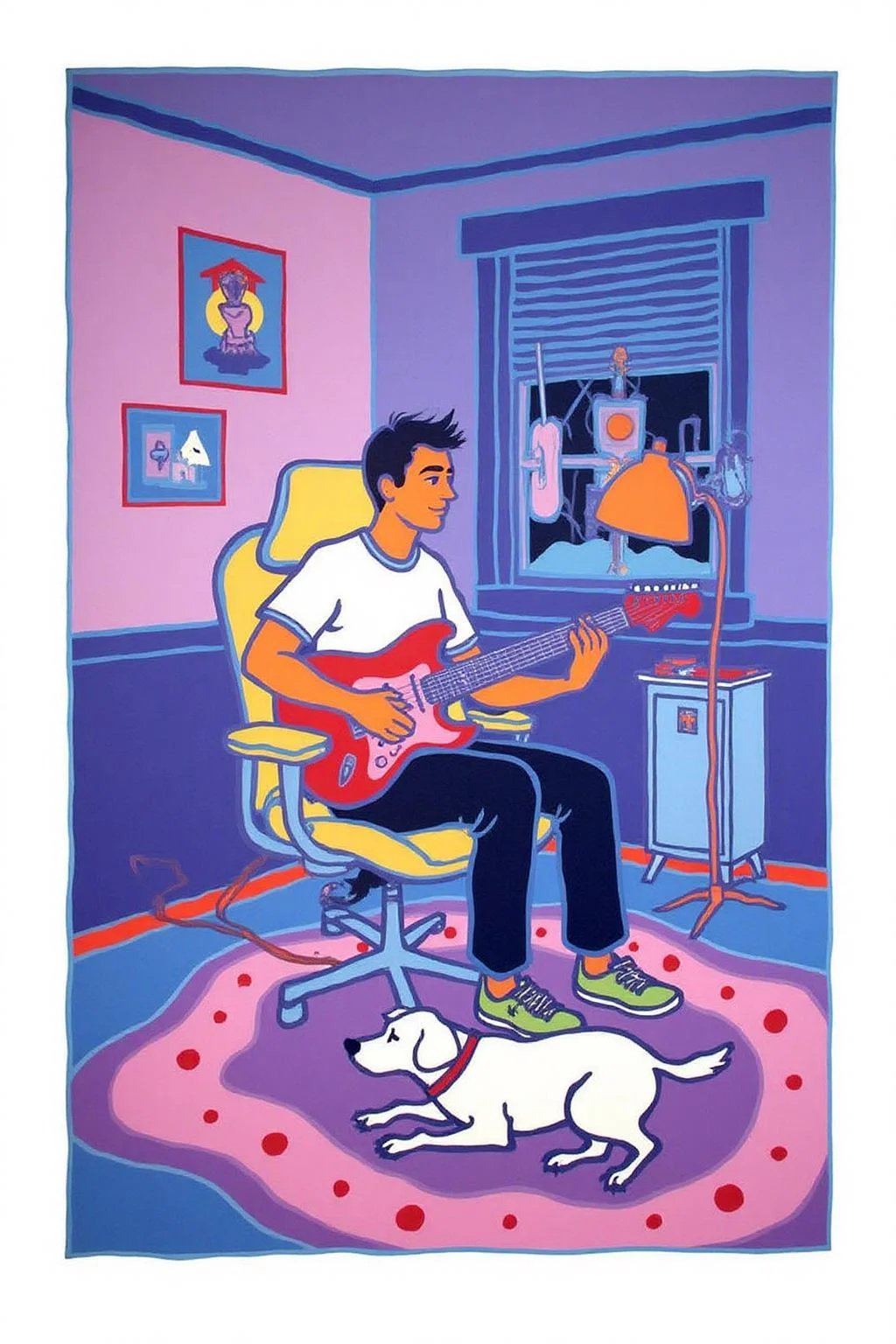 teha1 illustration. 
A man playing an electric guitar in his home recording studio. He has short hair, is sitting on a modern, ergonomic chair. He is holding an electric guitar and is wearing a short-sleeved shirt, dark pants, and casual shoes. Lying on the rug in front of him is a dog, which is curled up and sleeping.  <lora:teha1_cap_d6a3e11:1.0><lora:827676104149003683:0>
