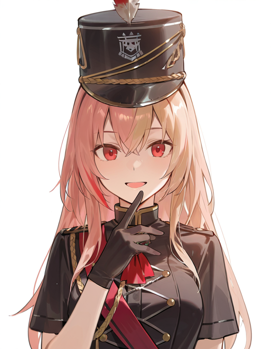 Volumetric Lighting, (masterpiece), (best quality), (ultra-detailed), masterpiece, source_anime, score_9, score_8_up, score_7_up BREAK, illustration, disheveled hair, detailed eyes, perfect composition, moist skin, intricate details, detailed eyes, detailed face, (((detailed fingers))) BREAK, long hair, blonde hair, pink hair, streaked hair, red hair, red eyes, BREAK, BirdsongInTheWood,BIW_dress, BIW_gloves, BIW_shako_cap,hat feather, BREAK, ((white background)), looking at viewer, smile,upper body,face focused, open mouth