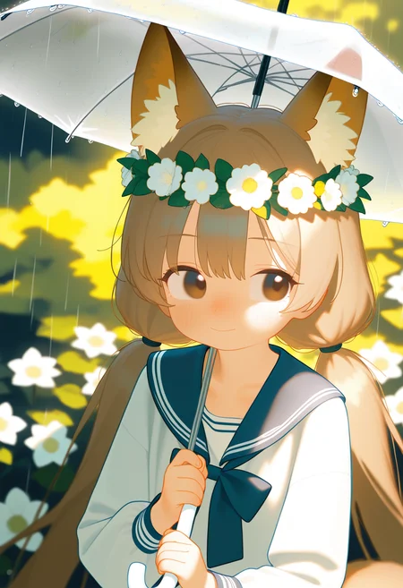 bikabaka,
1girl, solo, long hair, blush, smile, shirt, brown hair, long sleeves, holding, animal ears, closed mouth, twintails, brown eyes, tail, white shirt, upper body, flower, outdoors, serafuku, blue serafuku, sailor collar, blurry, animal ear fluff, looking to the side, fox ears, blurry background, depth of field, fox tail, low twintails, umbrella, white flower, fox girl, blue sailor collar, rain, holding umbrella, transparent, head wreath, flower wreath, transparent umbrella, very long hair
, masterpiece, best quality, good quality,
<lora:ai_styles_collection_noob_v29_v5:1>
