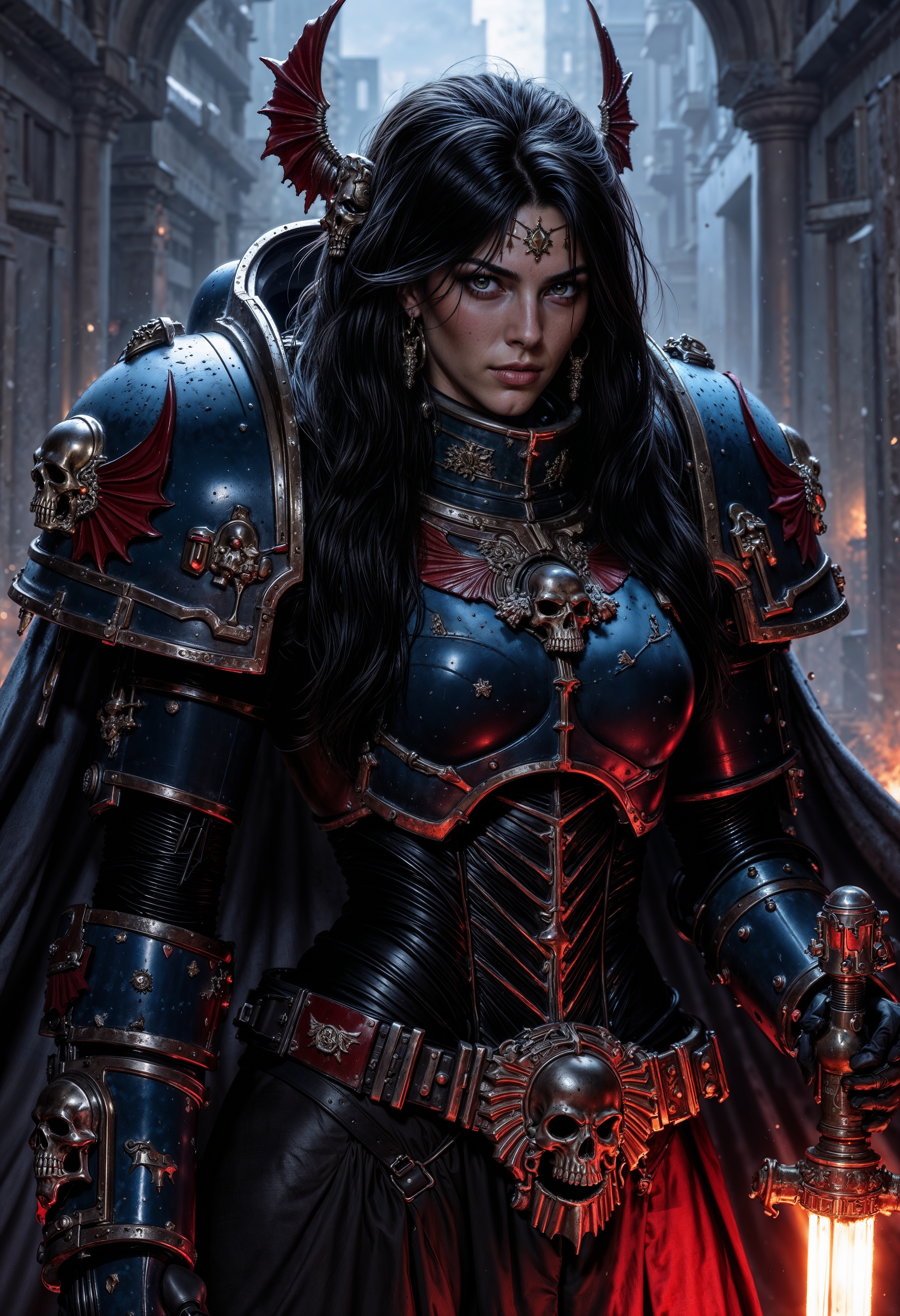 NightL40K, female space marine wearing a chined power armor with a hood, her long hair is black, she's holding a glowing sword, <lora:FluxNightL40K:1> <lora:aidmaHyperrealism:0.5> aidmaHyperrealism