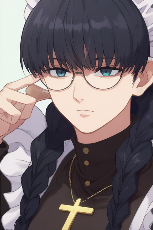 score_9, score_8_up, score_7_up, source_anime, rating_safe, intricate details, anime screencap, official style, <lora:Roberta:1>, roberta, long hair, black hair, twin braids, opaque glasses, glasses, black maid dress, maid headdress, cross necklace, cowboy shot, simple background
