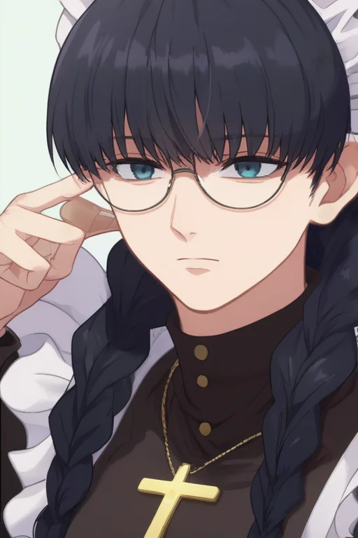 score_9, score_8_up, score_7_up, source_anime, rating_safe, intricate details, anime screencap, official style, <lora:Roberta:1>, roberta, long hair, black hair, twin braids, opaque glasses, glasses, black maid dress, maid headdress, cross necklace, cowboy shot, simple background