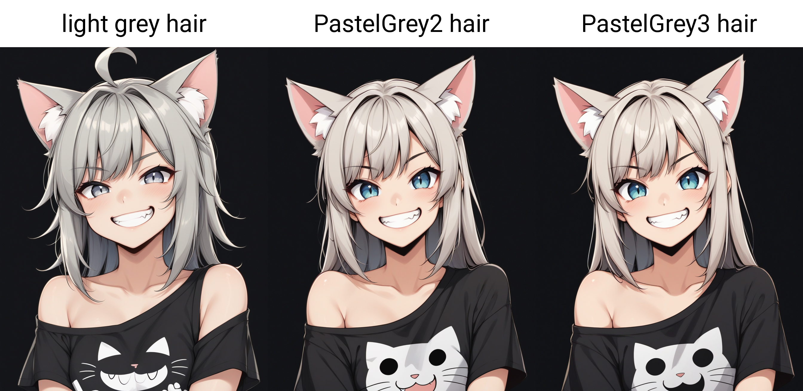 1girl, cute, cat ears, toothy grin, t-shirt, off-shoulder, light grey hair, black background