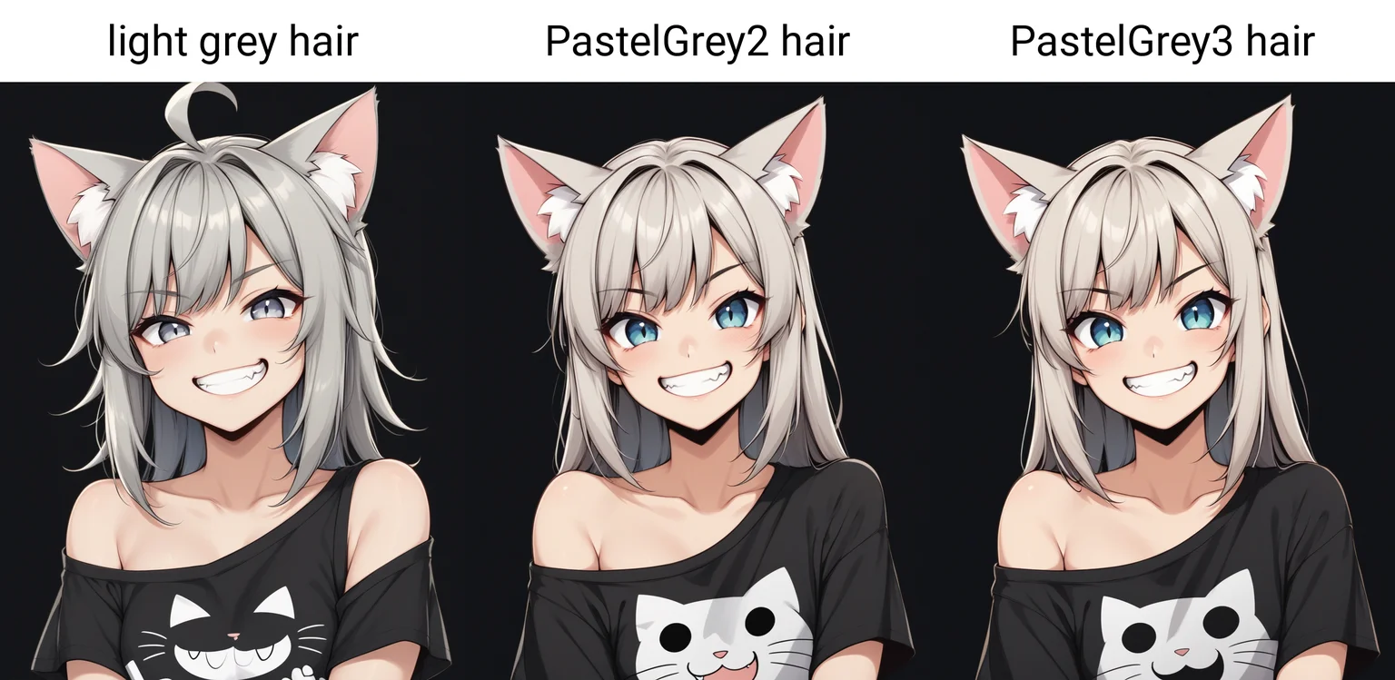 1girl, cute, cat ears, toothy grin, t-shirt, off-shoulder, light grey hair, black background