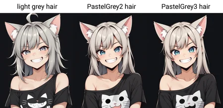 1girl, cute, cat ears, toothy grin, t-shirt, off-shoulder, light grey hair, black background