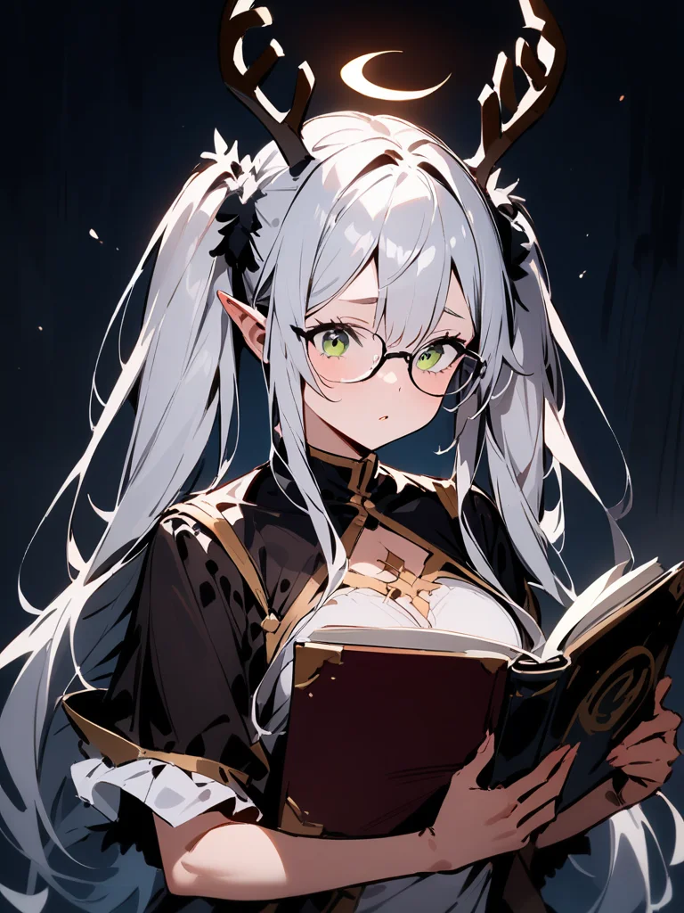 ,cernunnos(sv),1girl,solo,holding_book,thinking,open_book,glasses,<lora:cernunnos-000012:1>, masterpiece, best quality, very aesthetic, absurdres