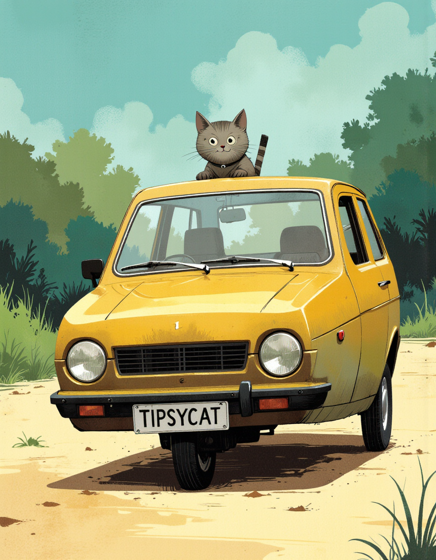ppstorybook whimsical storybook illustration side view of a unique retro three-wheeled Reliant Robin car with the front wheel positioned in the center of the vehicle.  A wide eyed cat is driving. The license plate in the front says TIPSYCAT