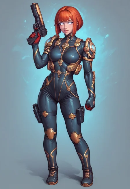 ((1girl, cute face, standing in wastelands, sands, dynamic pose,
Glowing aura surrounding a futuristic character like the Nomad, clad in a futuristic detailed brown suit handmade, (((army body armor))) patches on suit, redhead, long bangs,holographic blue light streaks, full face gasmask, (big shining white eyes without pupils:1.5), dynamic pose)),
BREAK
((((full closed)))), (((big futuristic gun in hands, sci-fi gun in hands)))
score_9, score_8_up, score_7_up, score_6_up, source_cartoon, rating_explicit, Expressiveh, (((((full body))))), dynamic pose, (big shining white eyes without pupils:1.5)