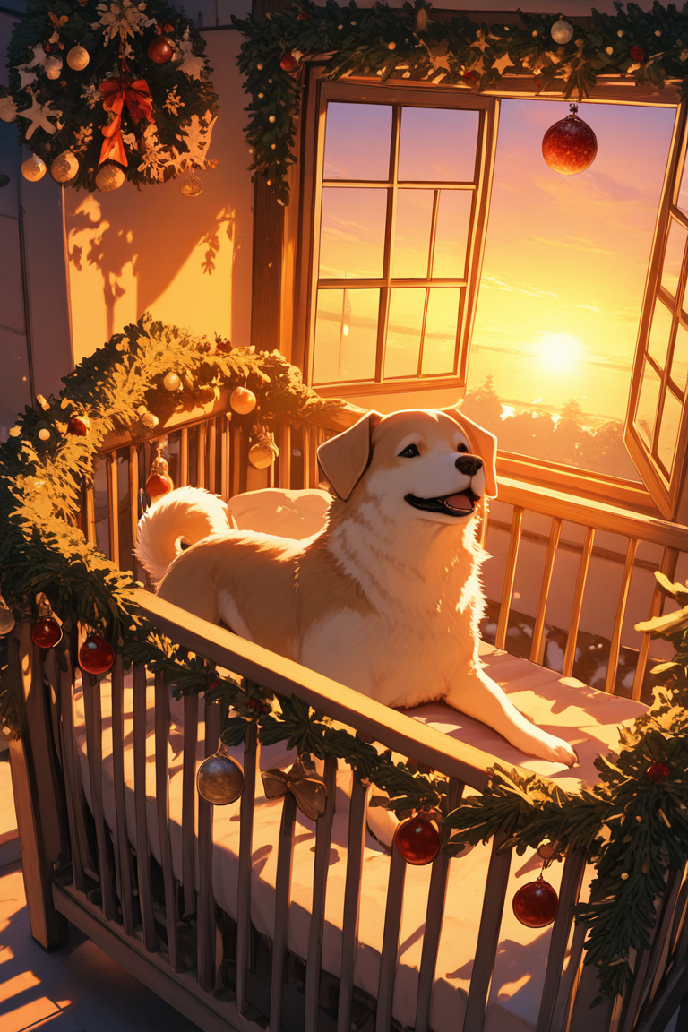 realistic shading, natural lighting, dacrib, christmas-crib focus, dacrib_christmas ornaments, no humans, dog, open window, sunset outdoors, afternoon, dutch angle, dynamic angle, intricately detailed illustration, masterpiece, best quality, amazing quality, very aesthetic, absurdres, newest