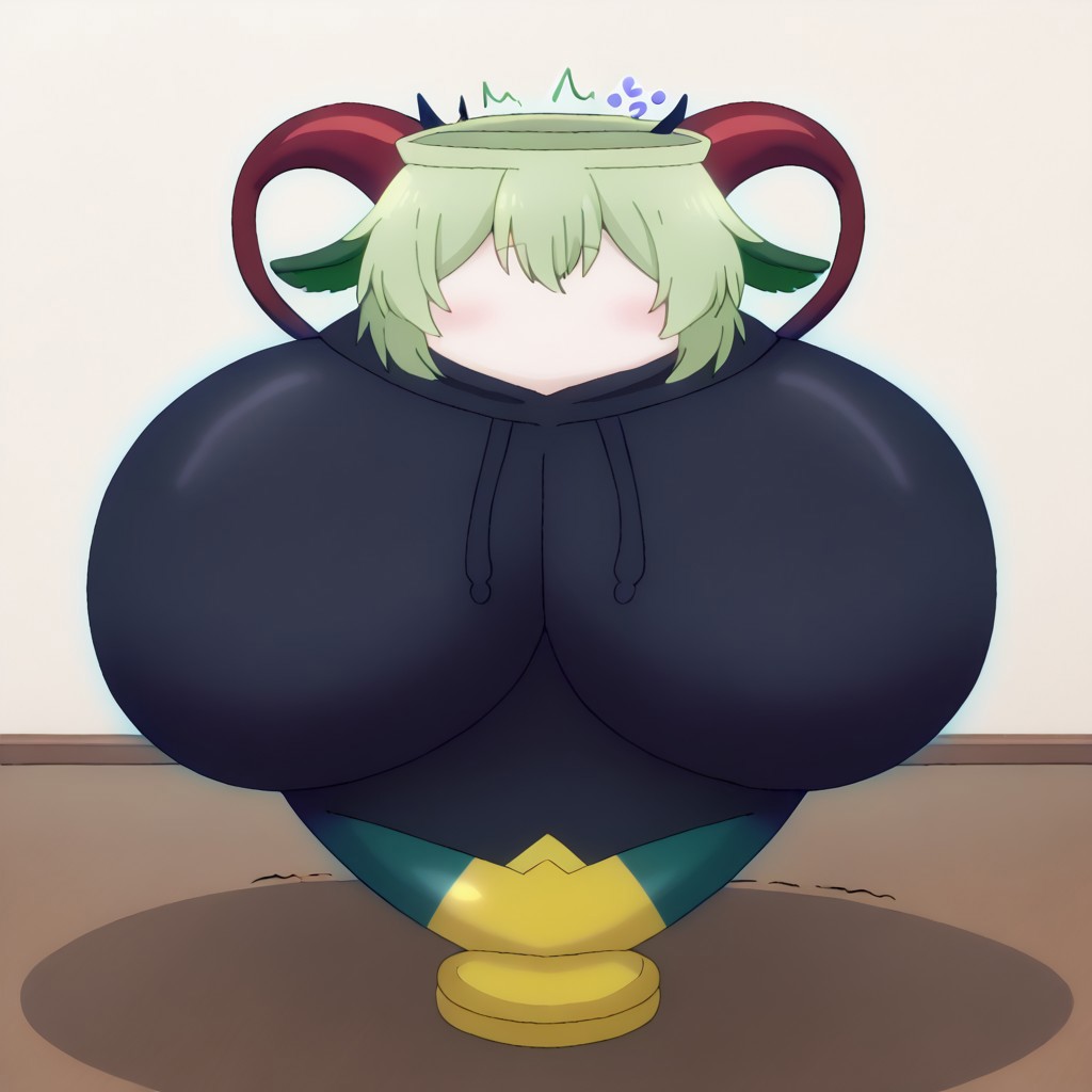 Anime, Solo, 1girl, Femmy, green hair, (((dragon tail))), black hoodie,  clothed vase, (((goat ears))), (((horns))), black vase clothes, (((living vase))), (((vase))), faceless, living object, (((inanimate object))), notice line, thought bubble, breast, (((trembling))), ?, !