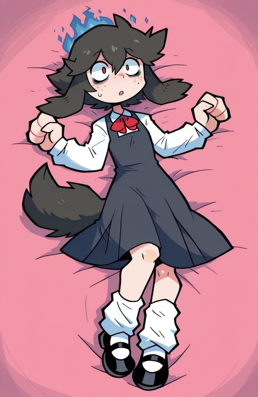 1girl, solo, <lora:rariatoo:1> rariatto,
<lora:Fuwa-IL:0.6>  f0wa, black hair, freckles, dog girl, dog tail, dog ears, short tail, floppy ears,, school uniform, jumper dress, collared shirt, bow, knee socks, mary janes, lying, angle obscured, murky gaze, puzzling expression, secret aura, extremely detailed, highres, masterpiece, best quality