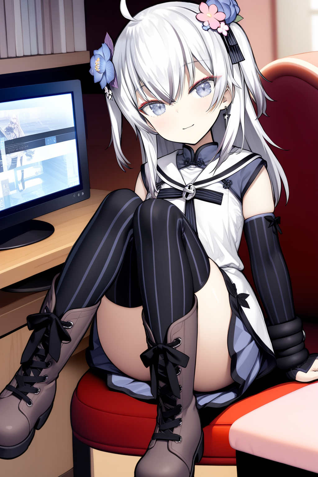(masterpiece, best quality, very aesthetic, ultra detailed),<lora:AzumaSeren-000014:0.9>,azumaseren,ahoge,white hair,hair flower,dress,two side up,grey eyes,detached sleeves,skirt,(black thighhighs:0.7),vertical-striped thighhighs,sitting,boots,v,legs up,otaku room,